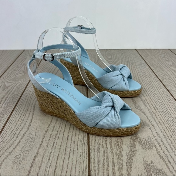 Stuart Weitzman Playa Espadrille Knot Wedge Sandals 38/7.5B Vintage Denim $395 - Picture 1 of 10